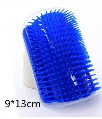 Wall-mounted cat self-grooming brush with soft rubber bristles and catnip attraction