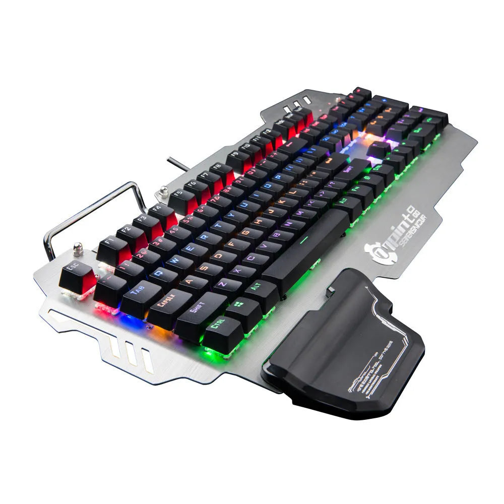Silver gaming keyboard with green mechanical switches and wrist splint accessory on desktop