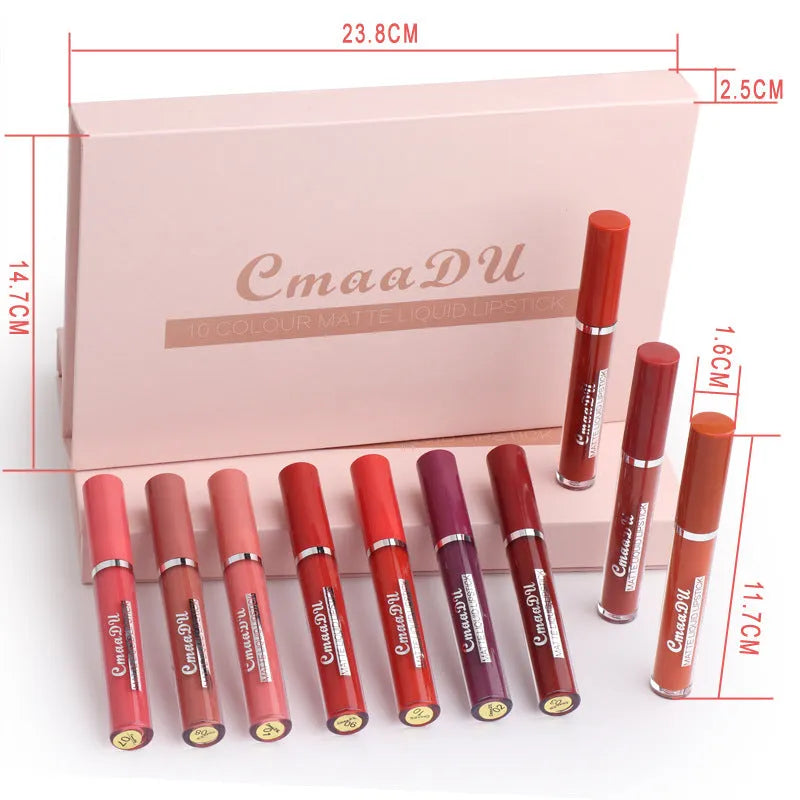 Women's non-stick waterproof matte lipstick 10 sticks Photo Color shade 3g each compact packaging