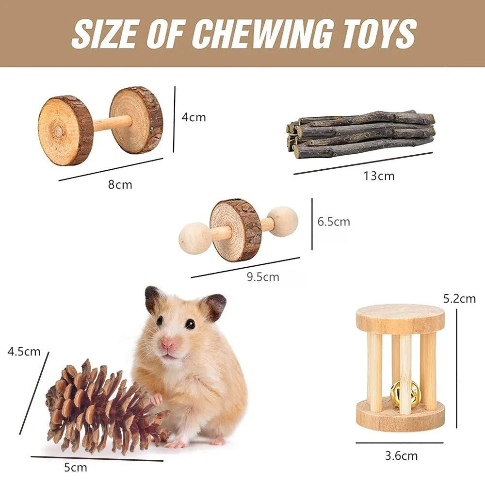 Wooden pet toy set for rabbits, guinea pigs, and parrots with various chew items