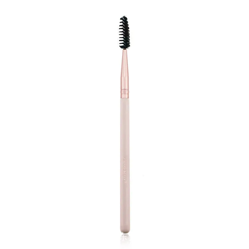 26-piece pink makeup brush set with wooden handles displayed in a PU storage bag