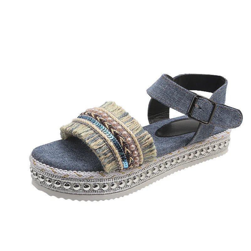 Women's denim tassel sandals with thick flat sole and hemp rope design