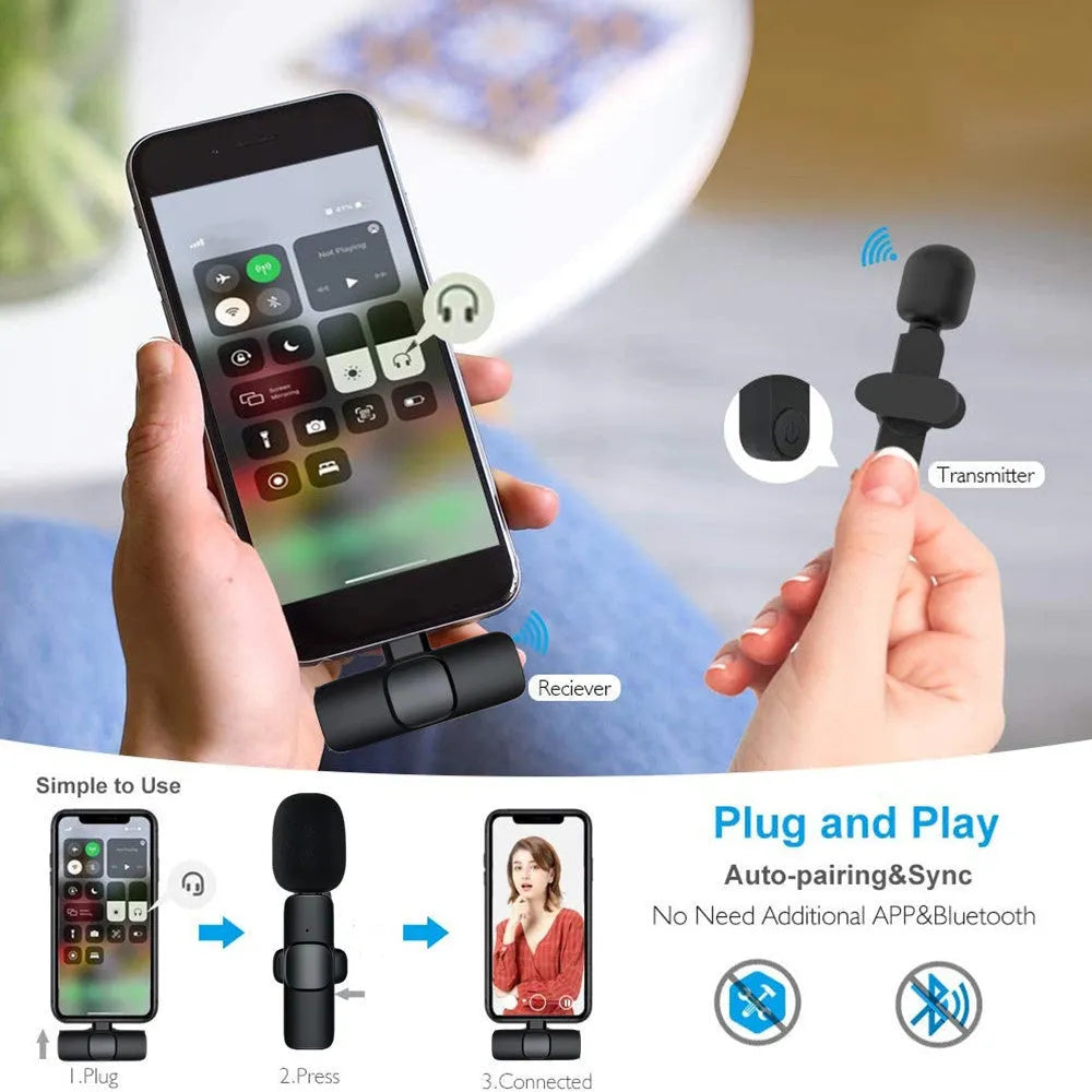 Wireless lavalier microphone with receiver, USB cable, and manual on white background