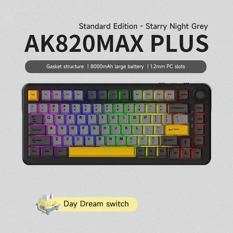 Three-mode wireless mechanical keyboard with hot-swappable sockets, PBT plastic, includes dust cover and pullers