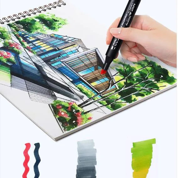 Double-headed alcohol animation paint pens with round and inclined tips in multiple colour sets