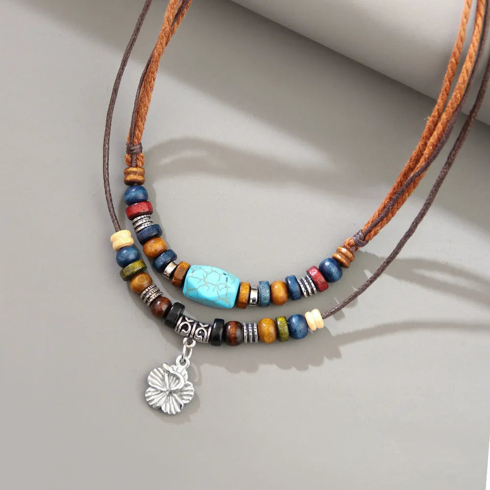 Men's wooden bead necklace with geometric alloy pendant and turquoise wax rope cord