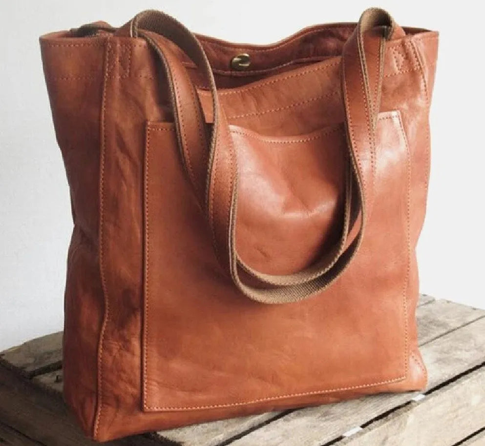 Women's PU shoulder handbag square vertical shape zipper pocket vintage sewing line detail brown black