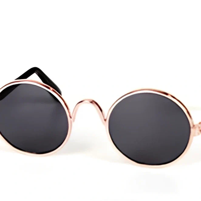 Spring-loaded adjustable pet sunglasses with metal frame and AC resin lenses for cats