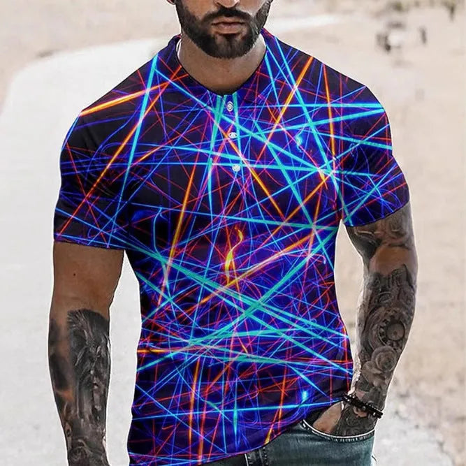 A man's short sleeve polo shirt in bird eye cloth with a simple lapel and button front, shown in a colour matching pattern.