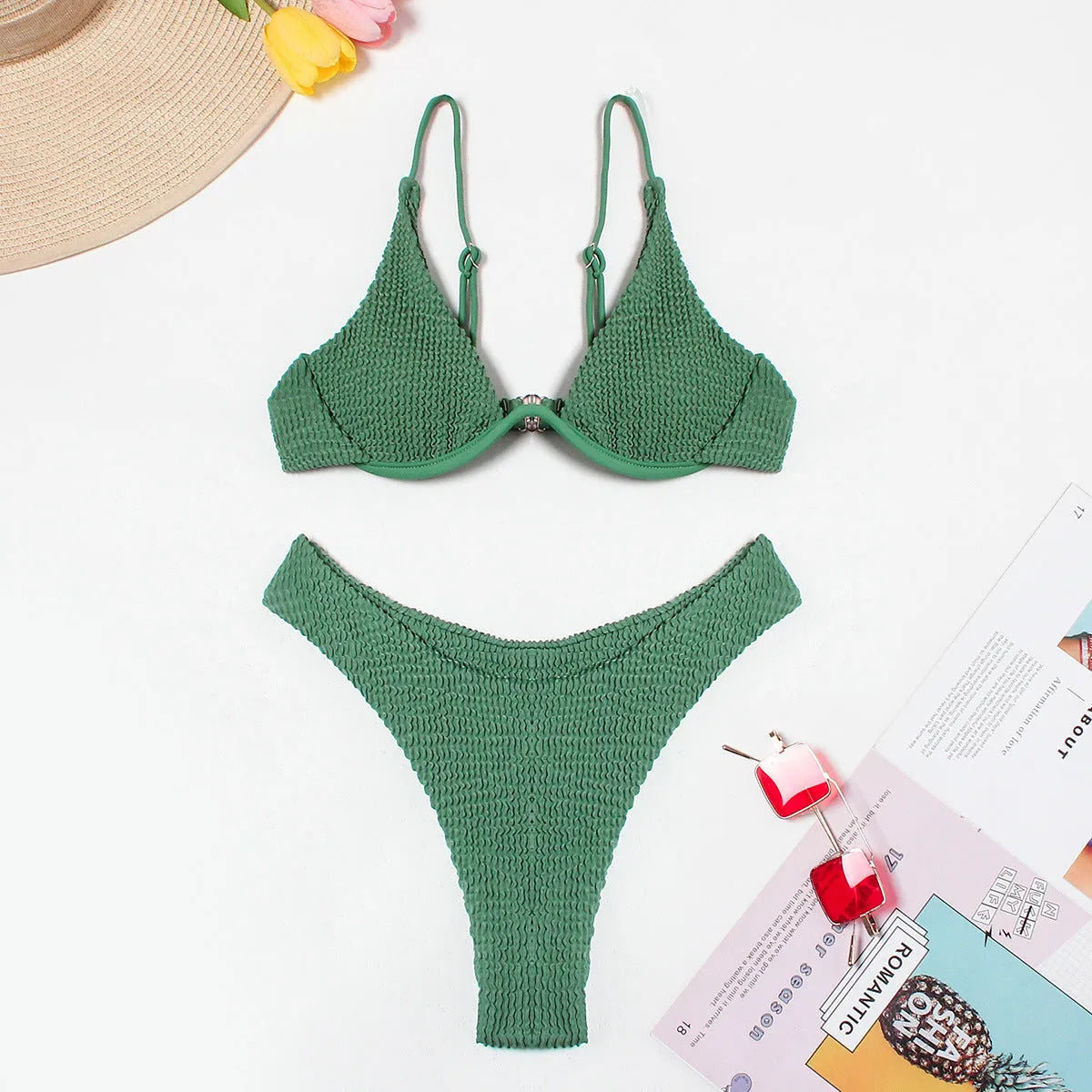 Women's green bikini suit with ruffle split detail on quick-drying polyester fabric