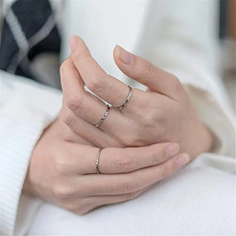 Korean style titanium steel simple couple ring with diamond plaid geometric design in silver finish