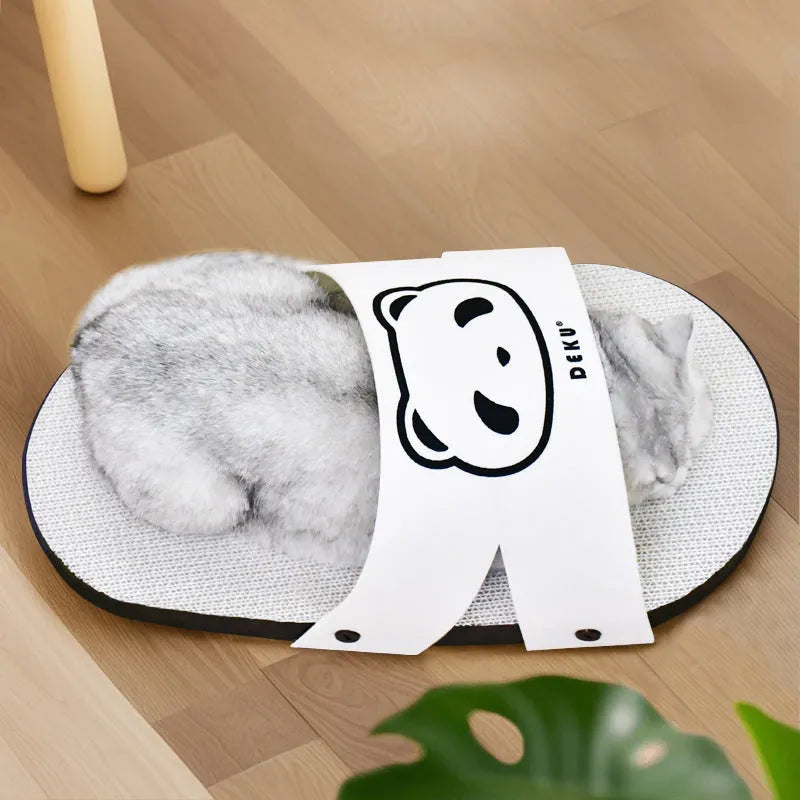 White slipper-shaped cat scratch board made from corrugated paper.