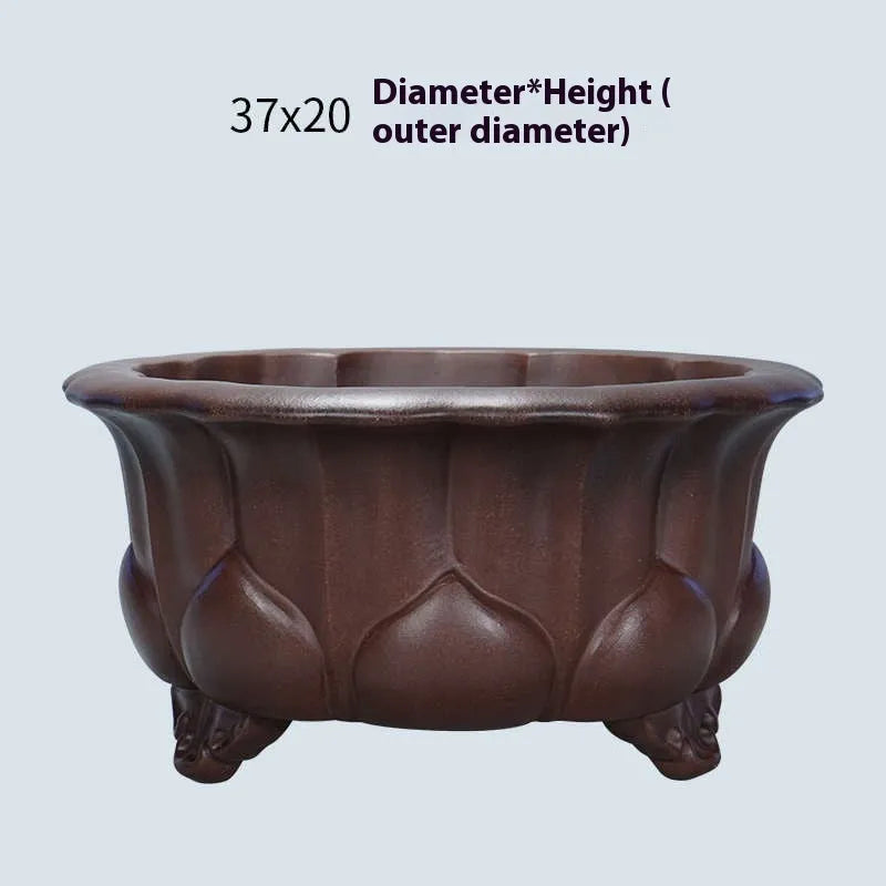 Square purple sand ceramic bonsai planter in antique Chinese petal basin style.