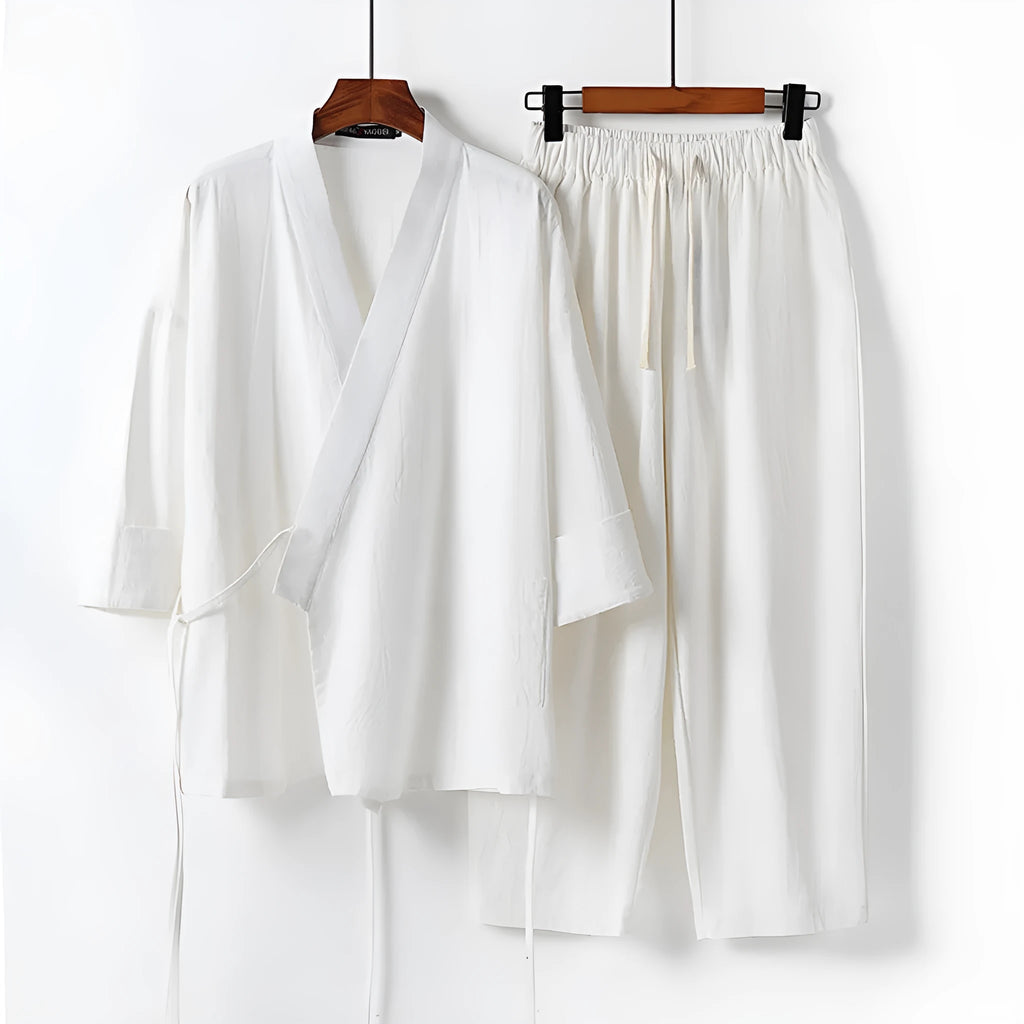 Cotton and linen cardigan hanfu two-piece suit in a shirt style, shown in one of five available colours.