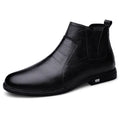 Men's black leather winter boots with round toe, low heel, and fleece lining