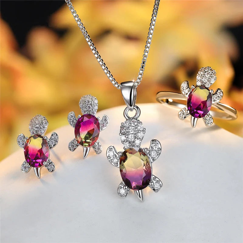 Cartoon Turtle Pendant Rhinestone Necklace with Rainbow Stone for Women and Children