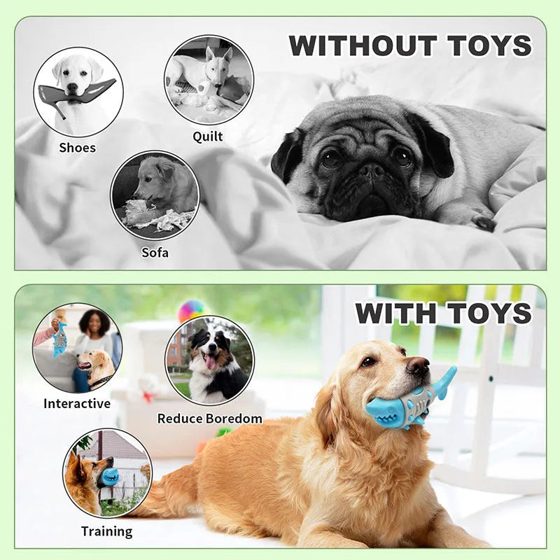 Blue dog teething toy with shark-tooth textured surface and visible air vents for bite-resistant chewing