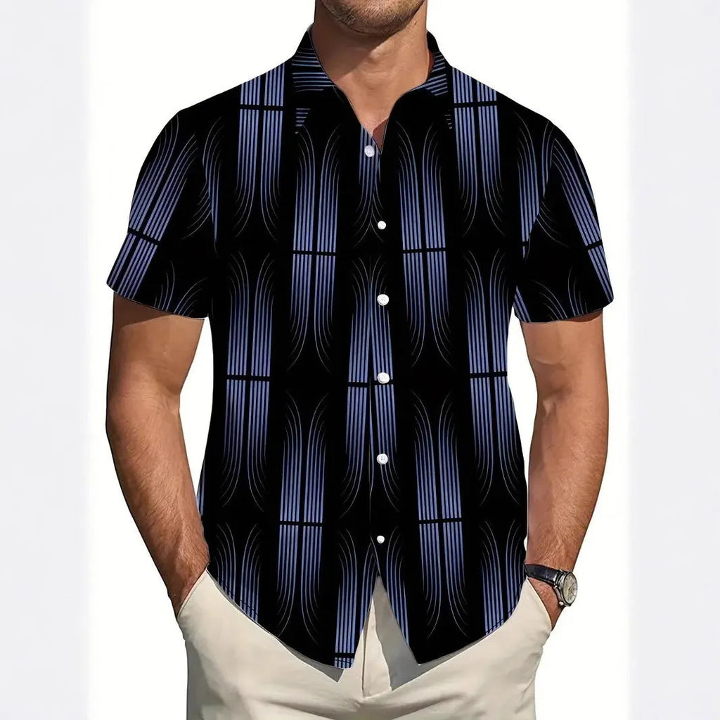 Men's slim fit geometric print short sleeve shirt with lapel collar in lightweight polyester fabric.
