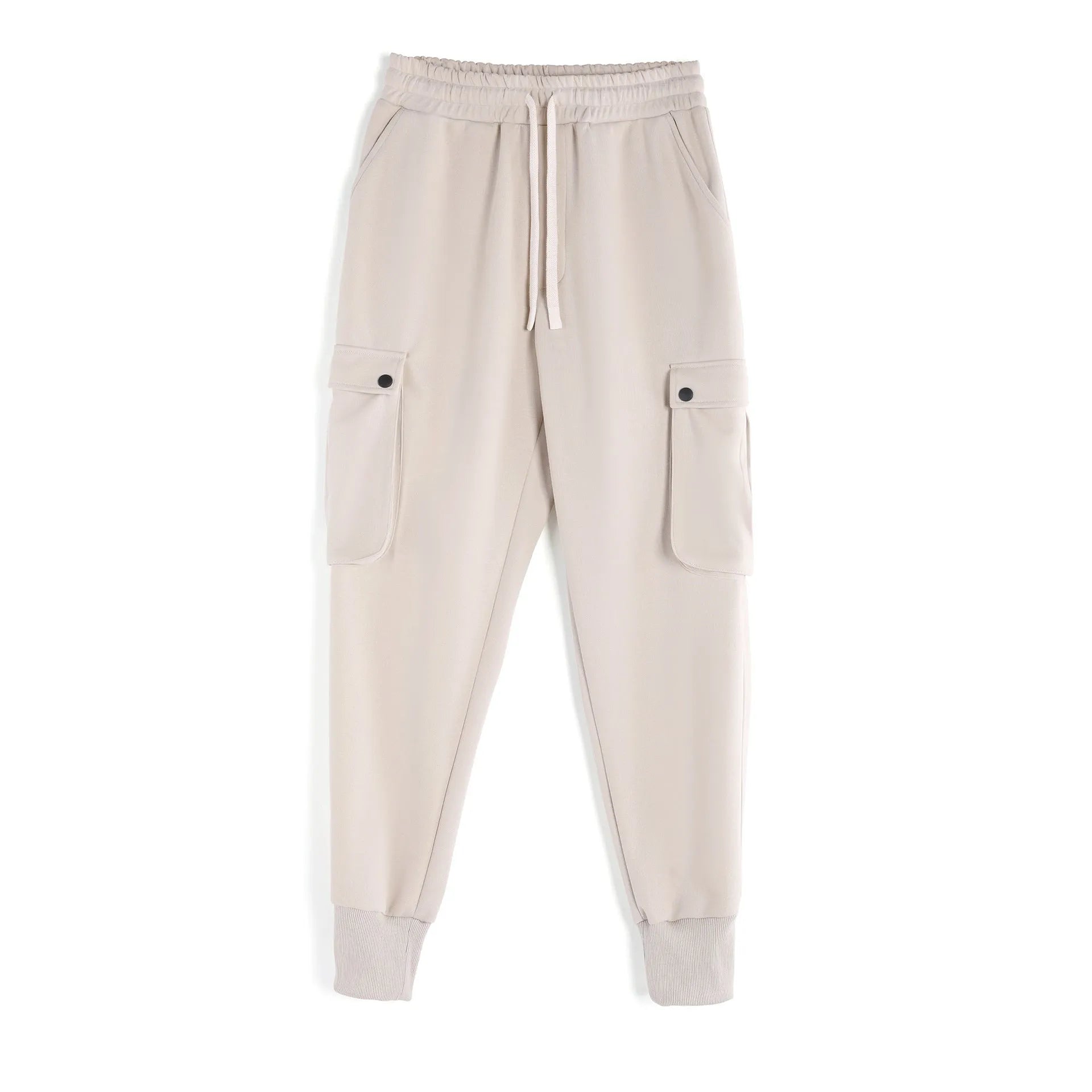 Men's loose-fit cotton sports trousers with ankle-tied cuffs and multiple pockets in a light grey colour.