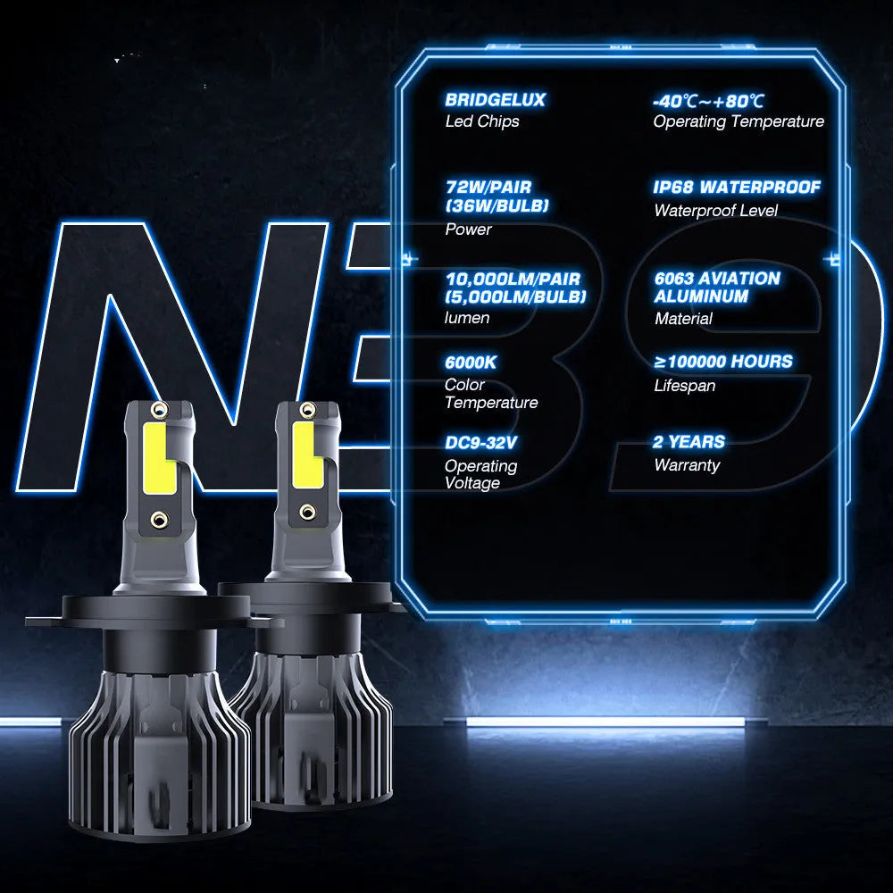 6000K white LED car headlight bulb with aluminium heatsink and connector for H7, 9005 fitments.