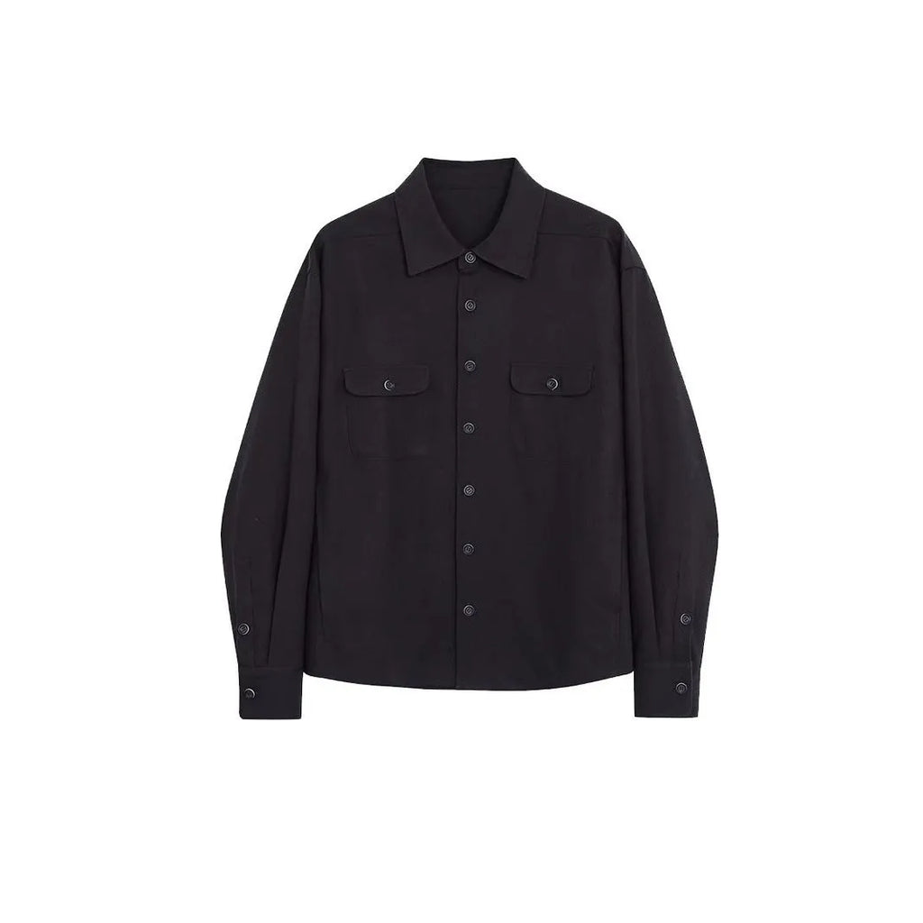 Men's light sand rice coloured casual shirt with simple lapel and long sleeves on a hanger.