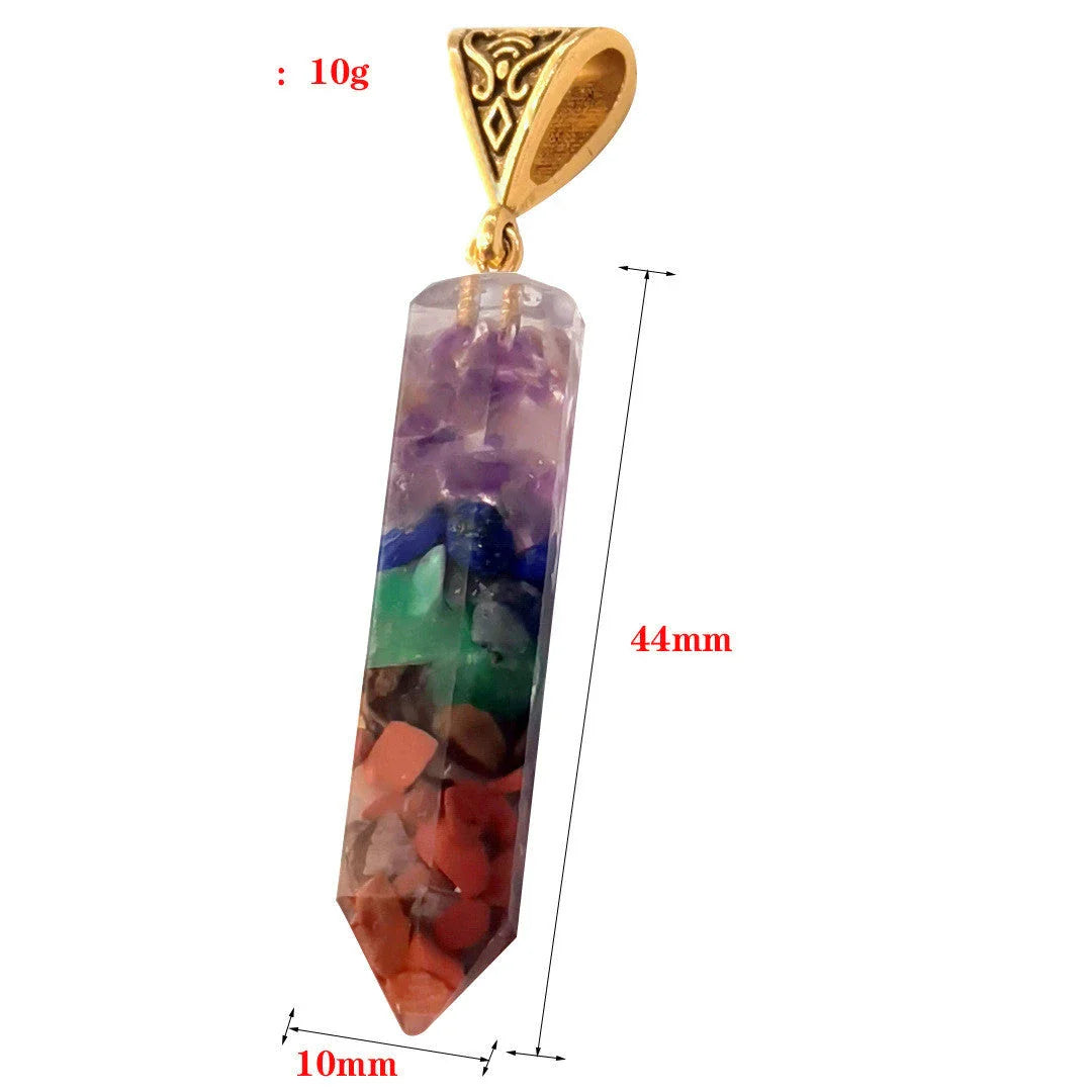 Seven chakra natural crushed stone hexagon column necklace with aura pendant in gold color