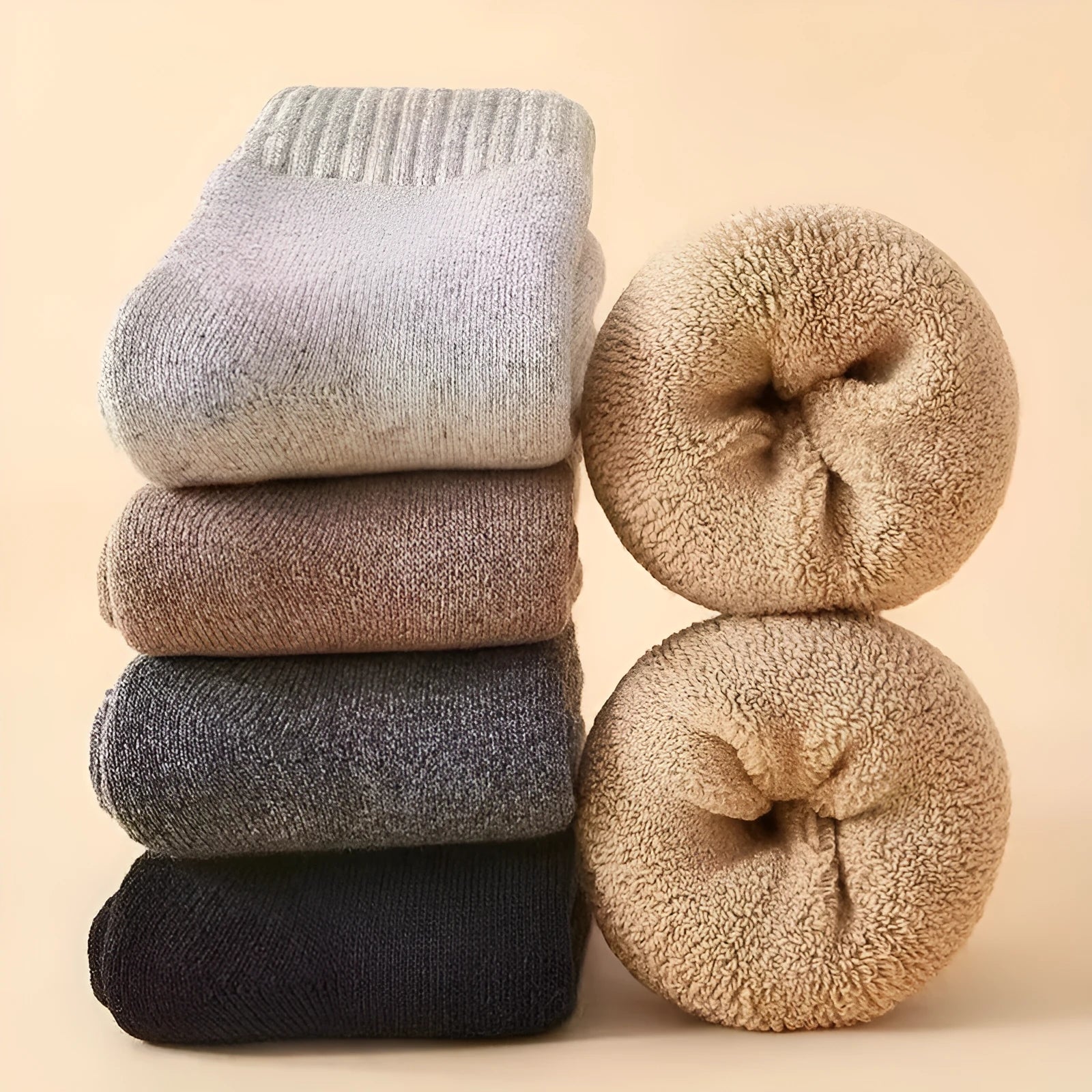 Two pairs of thick midsole Merino wool socks in a solid colour, presented inside a gift box.