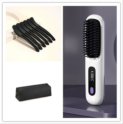 Cordless hair straightening brush with fast heating, long-lasting battery, and USB charging capabilities