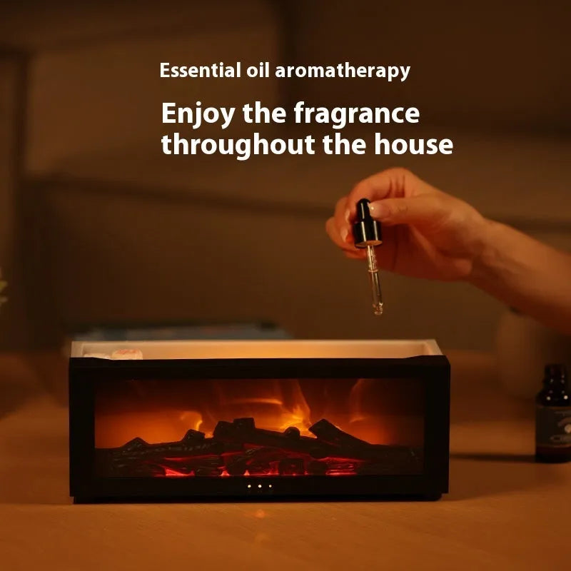 Square flame aromatherapy machine with 3D flame effect and LED lights, includes remote control
