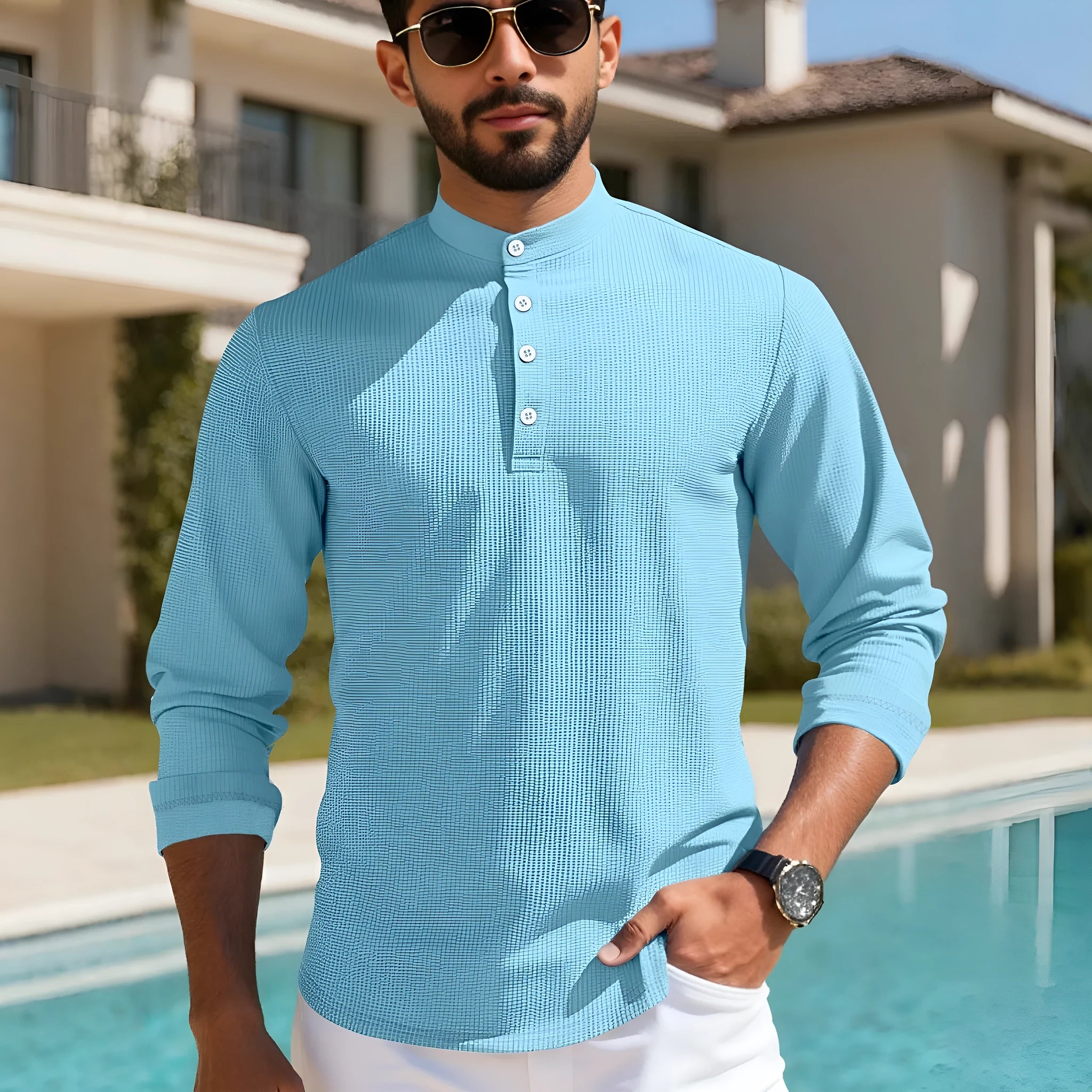 Men's grid pattern polyester long-sleeved casual cardigan in loose fit, shown in one of six available colours.