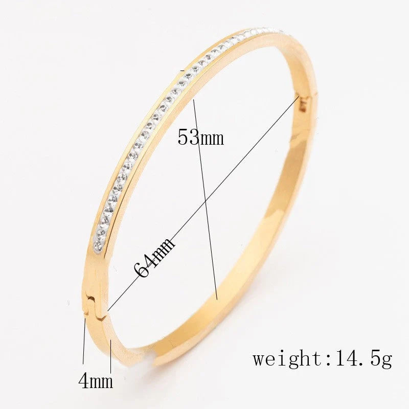 Single row stainless steel bracelet with diamond opening in gold, rose gold, or steel