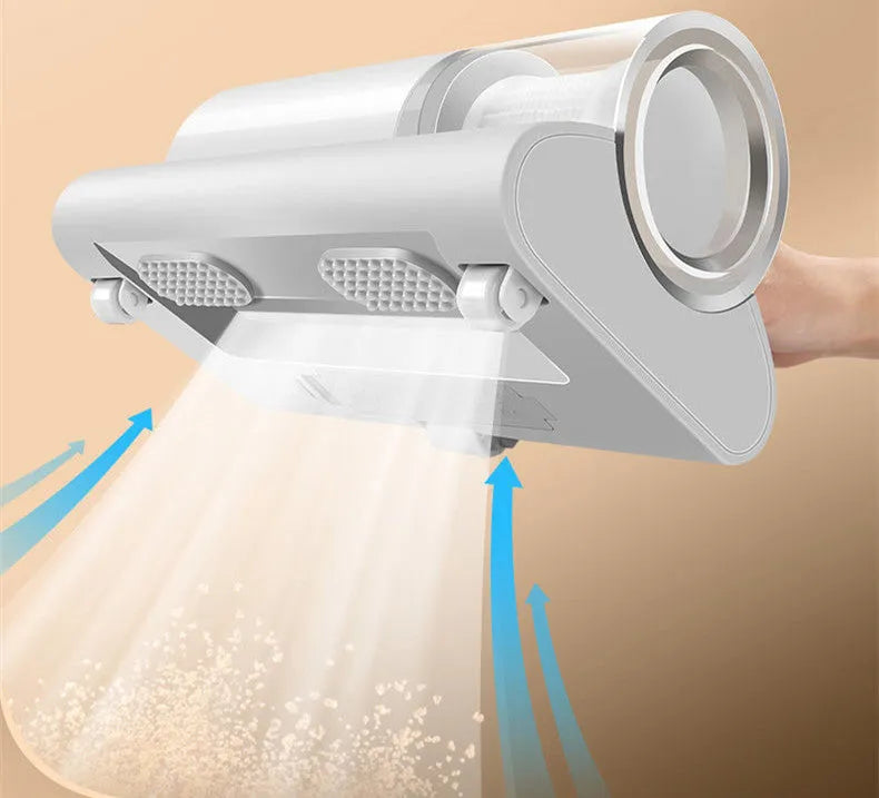 White wireless mite removal instrument with UV sterilization and 300W motor on a bed