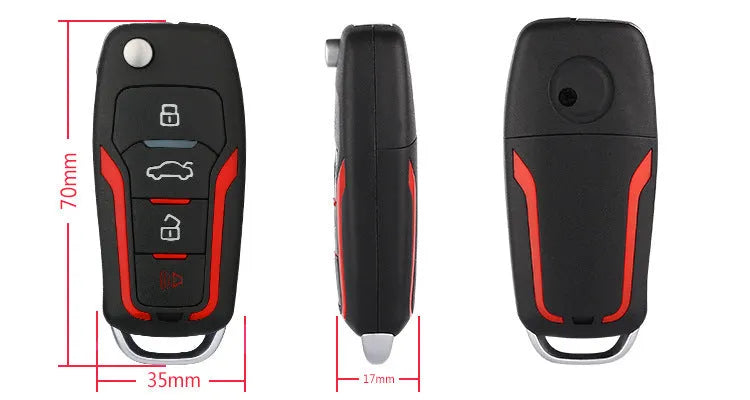 Red and frosted black one-way remote car alarm system with two remotes for vehicle security.