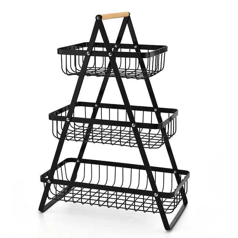Black iron double-layer fruit basket with a wooden handle, shown with layers detached
