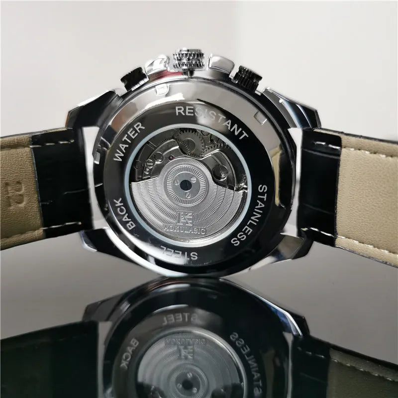 Men's automatic mechanical watch with stainless steel case and choice of black or white dial.