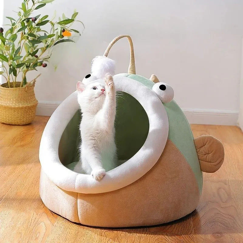 Grey deerskin velvet lantern fish-shaped semi-closed cat bed for indoor use.