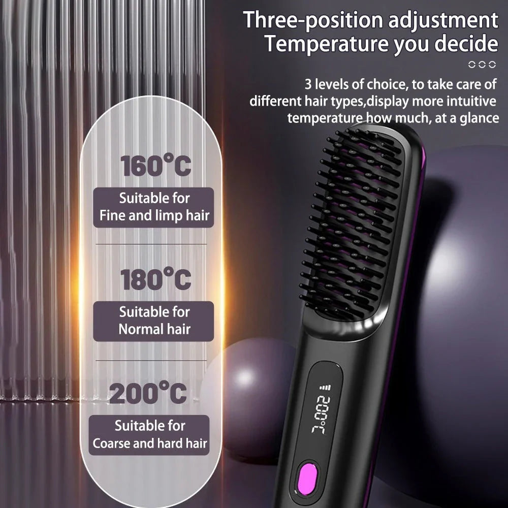 Cordless hair straightening brush with fast heating, long-lasting battery, and USB charging capabilities