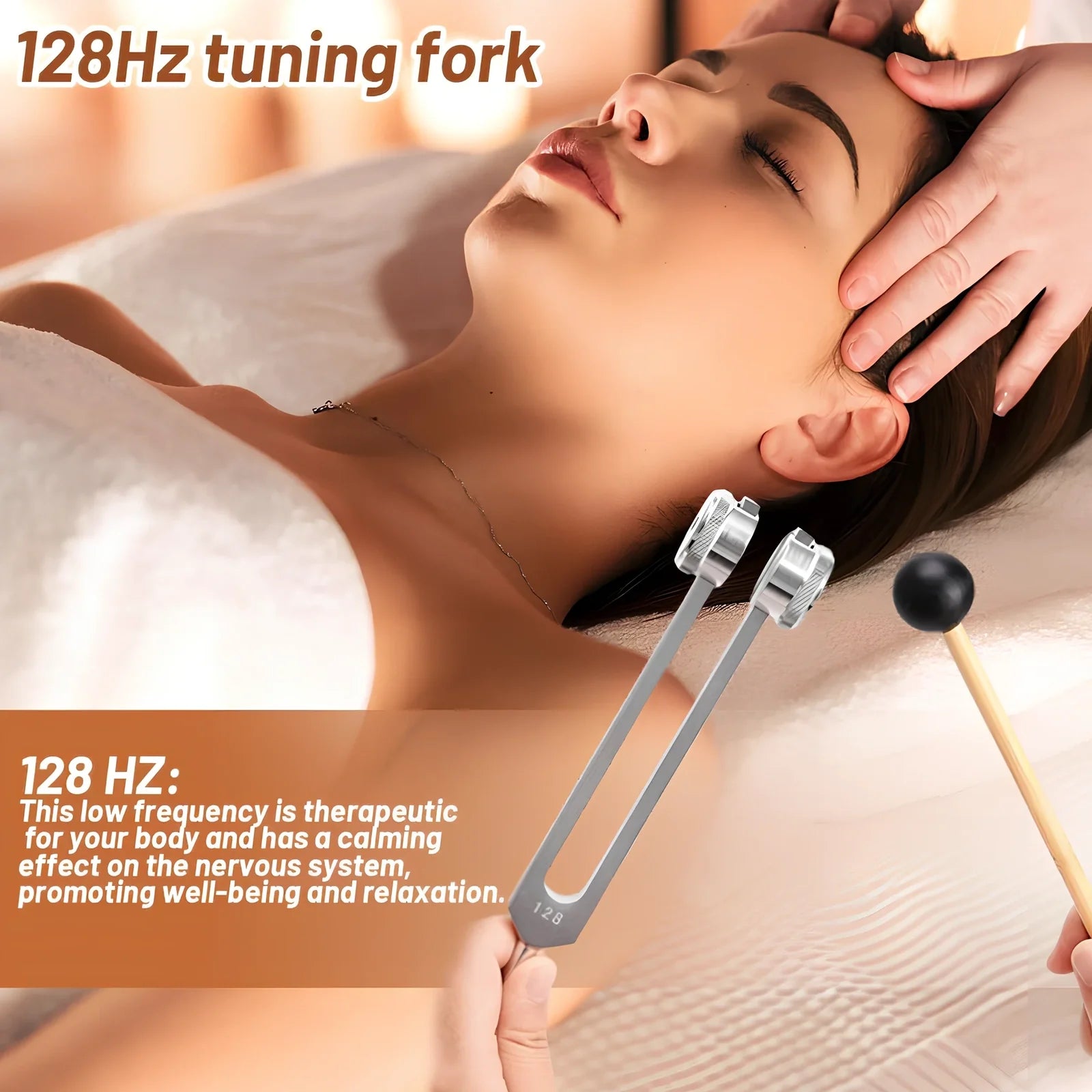Silver 128 Hz weighted bio-acoustic tuning fork set with hammer, velvet pouch, and accessories for sound therapy