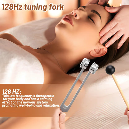 Silver 128 Hz weighted bio-acoustic tuning fork set with hammer, velvet pouch, and accessories for sound therapy