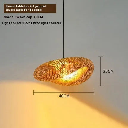Straw hat-shaped bamboo hanging lamp with natural woven rattan construction