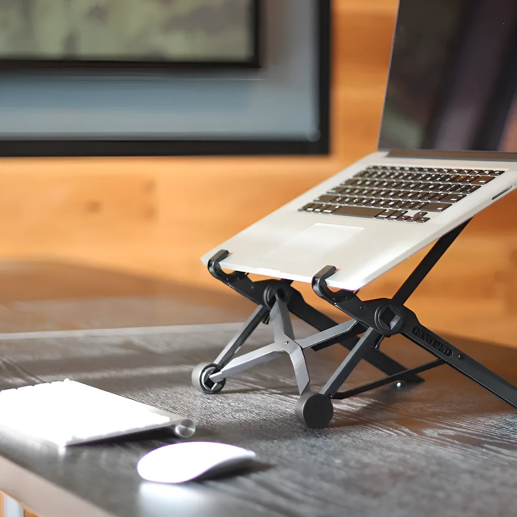 Black foldable portable laptop stand with enhanced nylon construction shown with travel case