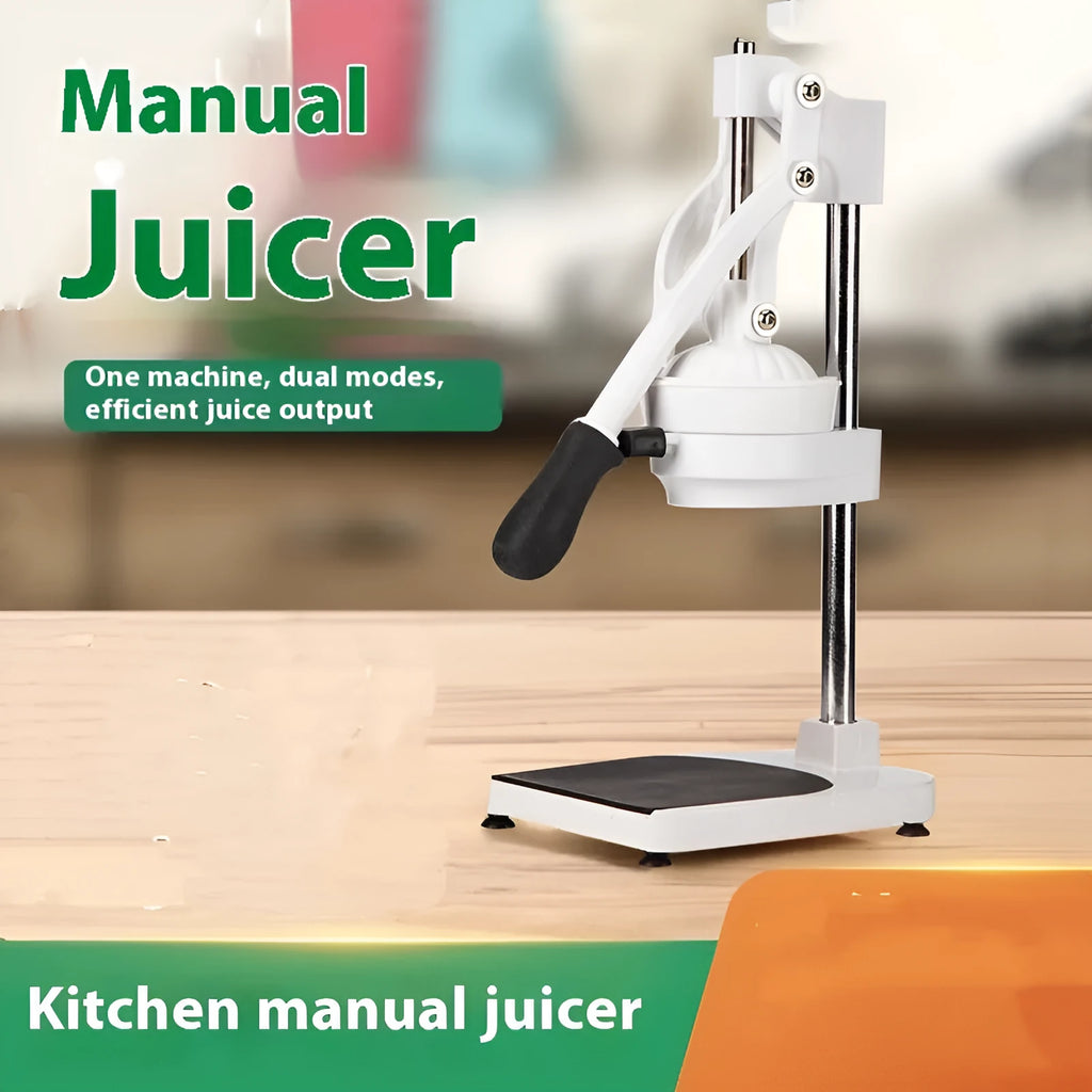 Manual orange juice juicer with stainless steel construction and 480cm measurement on counter