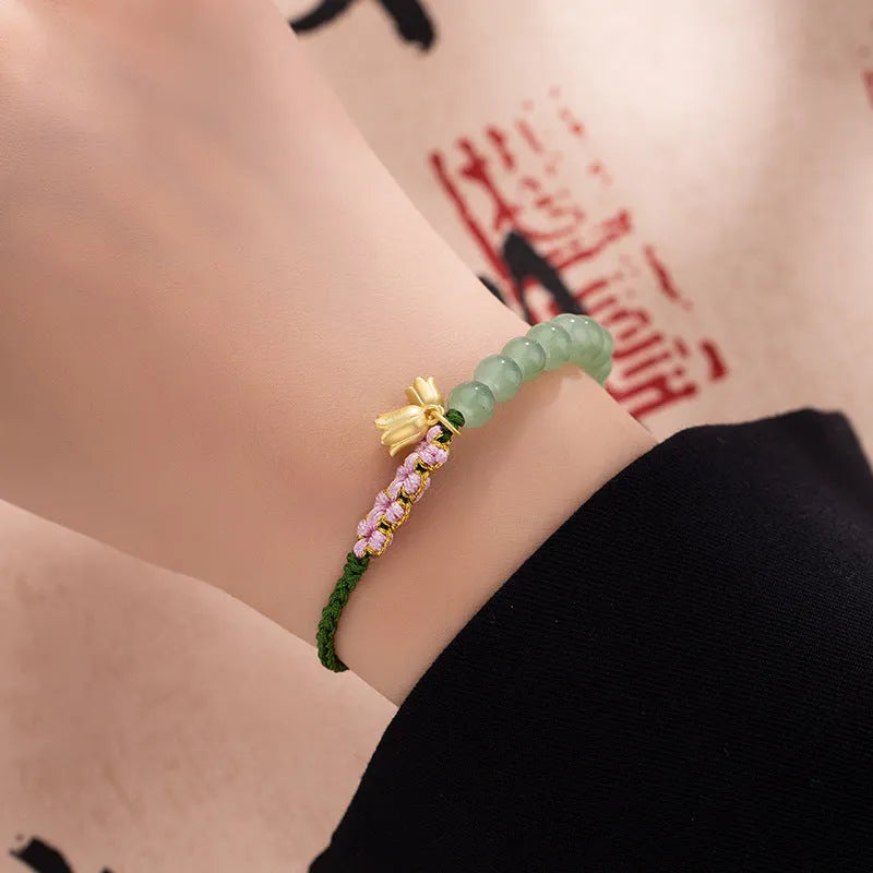 Red rope hand-woven bracelet with lily carrying strap design and national style floral elements for women