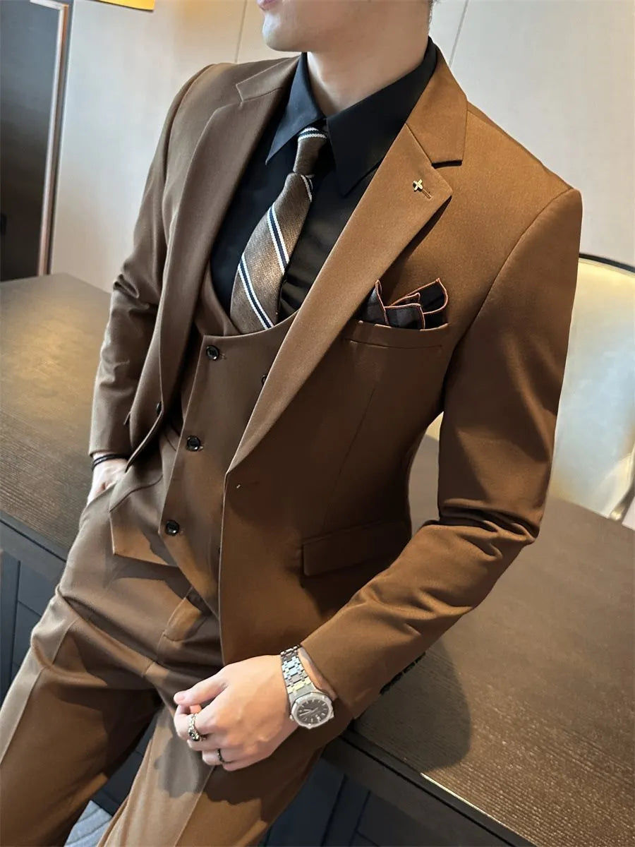 Men's slim fit business suit jacket in dark green, shown on a hanger.