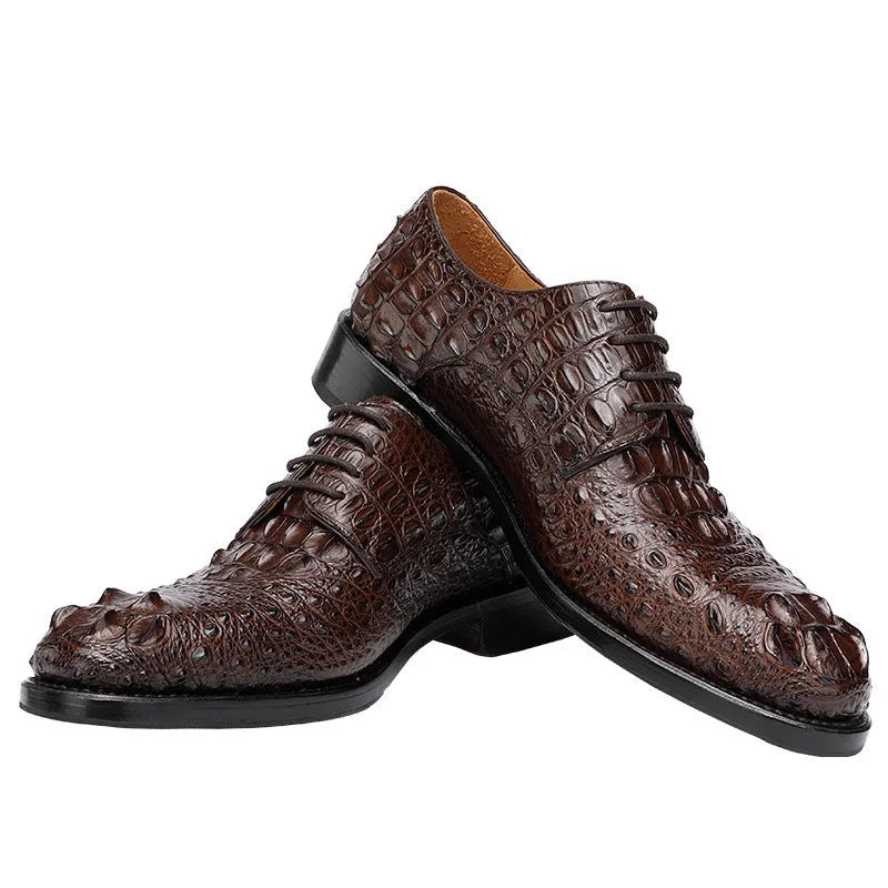 Handmade men's crocodile leather formal shoes with round toe, genuine leather sole, black colour, size 42