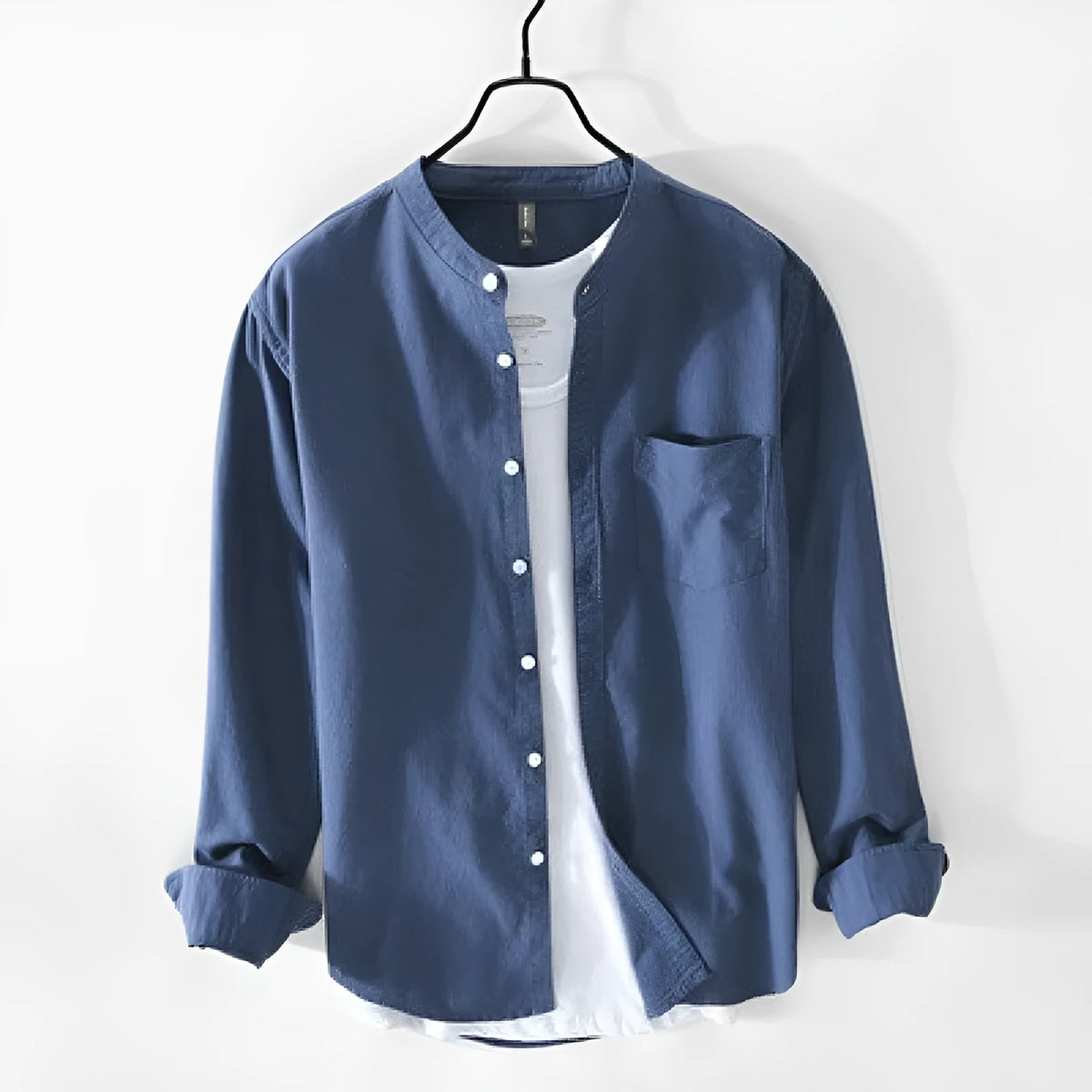 Men's linen stand collar casual shirt in solid colour, long sleeves, loose fit, available in six colours and sizes M to XXXL