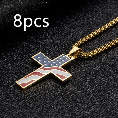 Men's stainless steel flag cross necklace in Black, Gold, and Silver options