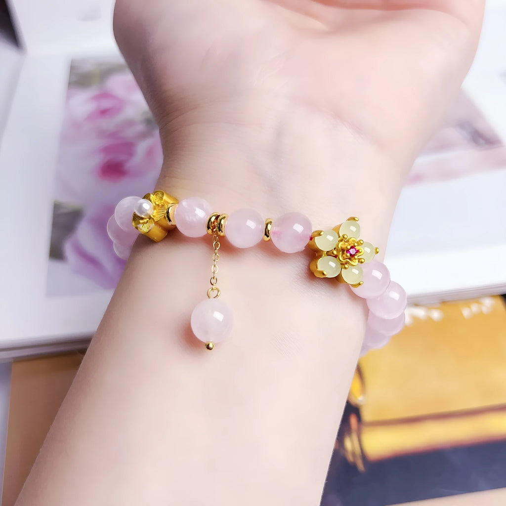 Pink crystal peach blossom bracelet for women with handcrafted design