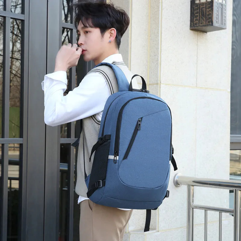 Oxford cloth computer backpack in blue colour showing street trend style with dimensions 50x19x31cm