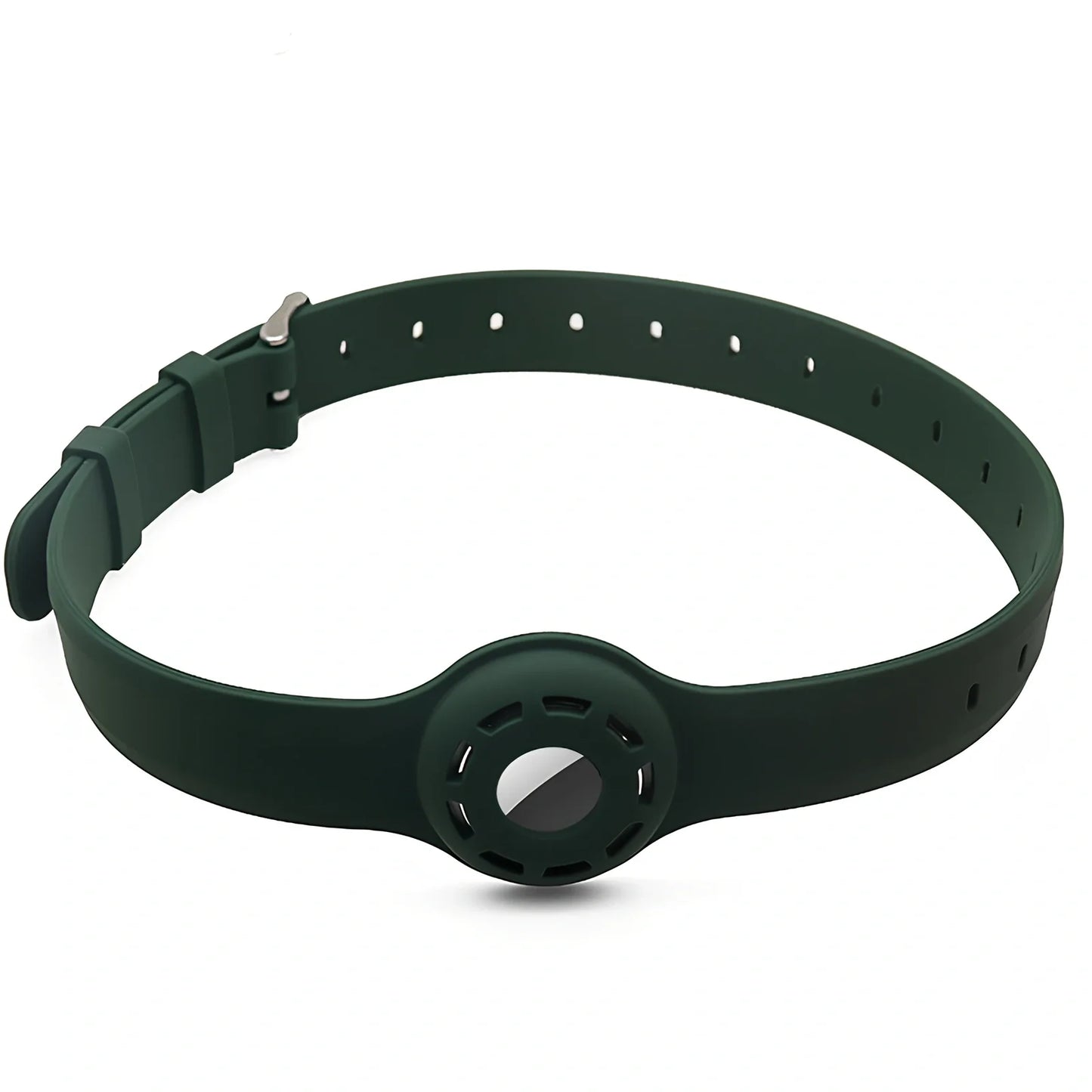 Red silicone AirTag tracker collar wrapped on pet neck, adjustable armband in solid colour for anti-lost security